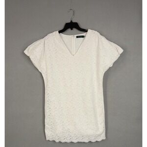 Lauren Ralph Lauren Dress Womens 6 White Eyelet Lace V Neck Shift Minimal Summer